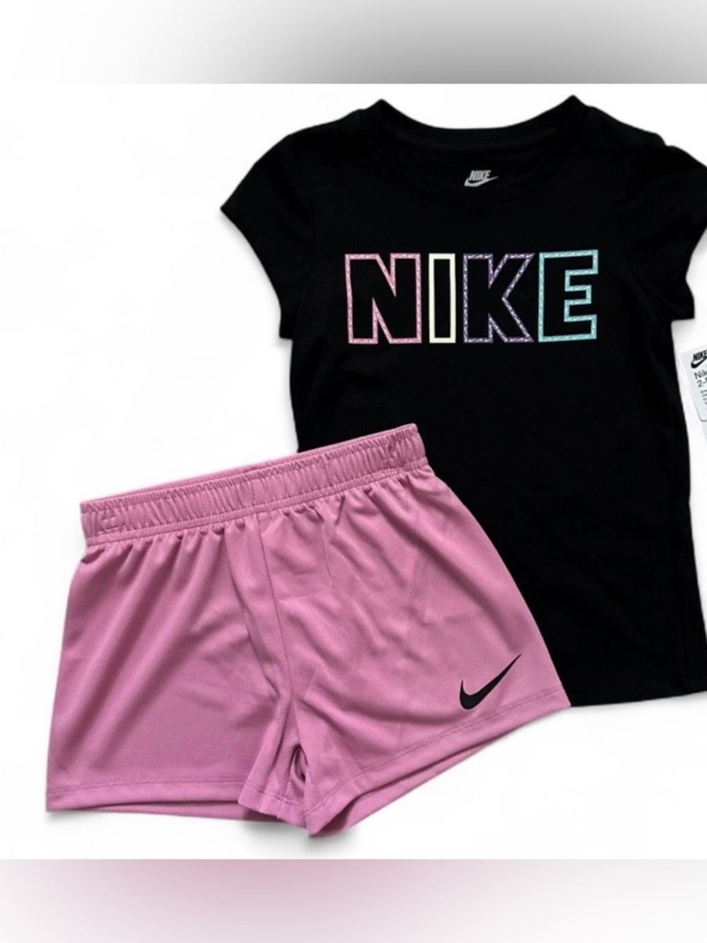 Nike Black Logo Tee and Pink Shorts Set Girls Size 4T NWT